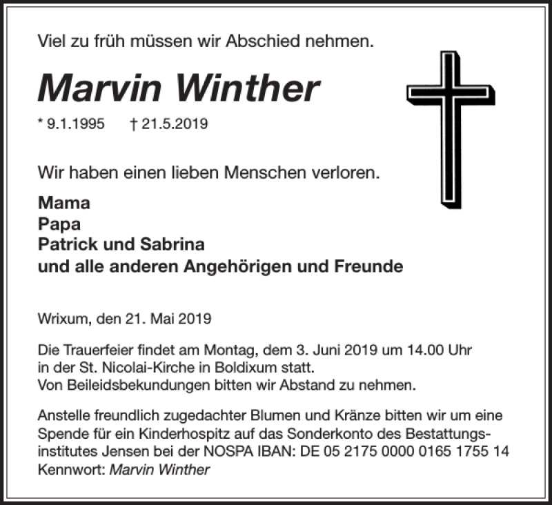  Traueranzeige für Marvin Winther vom 29.05.2019 aus Der Insel-Bote