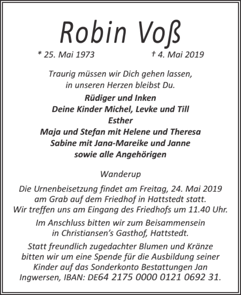  Traueranzeige für Robin Voß vom 18.05.2019 aus Flensburger Tageblatt