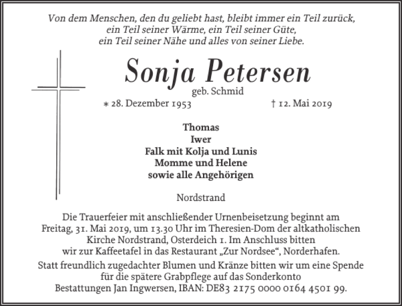  Traueranzeige für Sonja Petersen vom 18.05.2019 aus Husumer Nachrichten