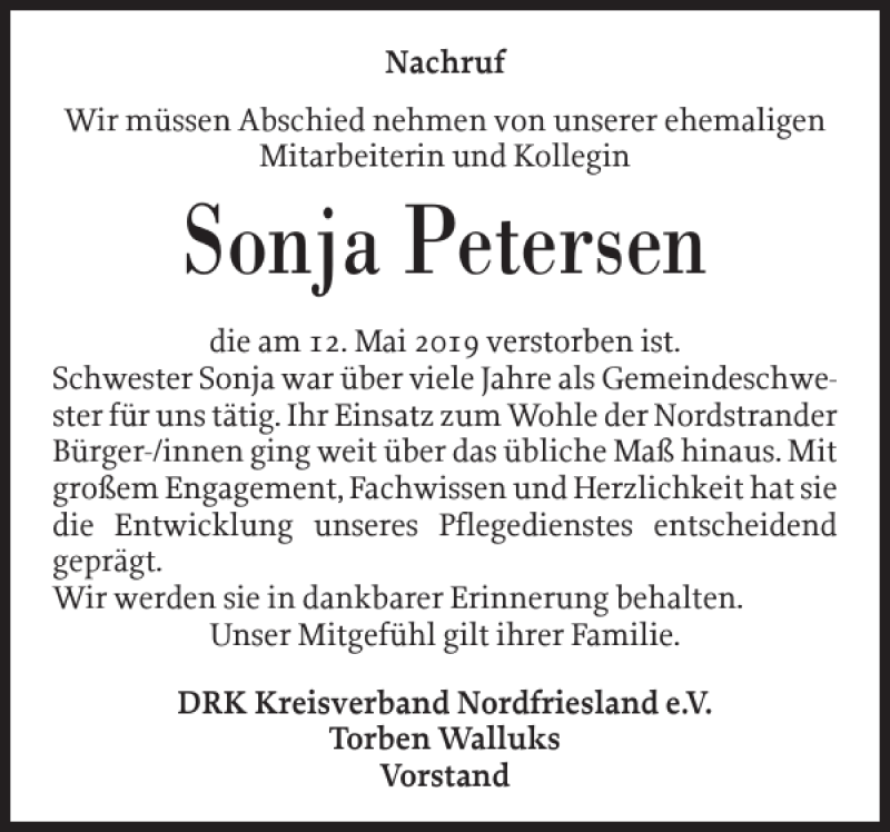  Traueranzeige für Sonja Petersen vom 24.05.2019 aus Husumer Nachrichten