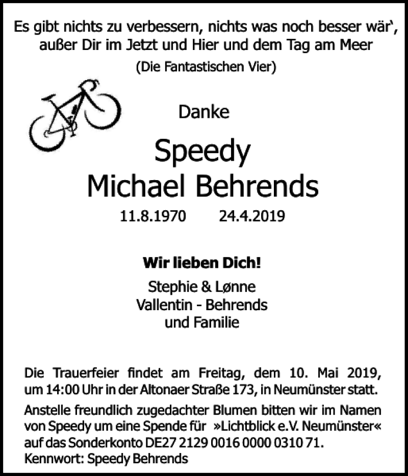  Traueranzeige für Speedy Michael Behrends vom 04.05.2019 aus Holsteinischer Courier