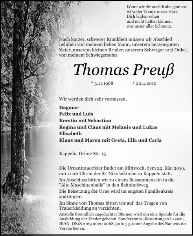  Traueranzeige für Thomas Preuß vom 03.05.2019 aus Flensburger Tageblatt