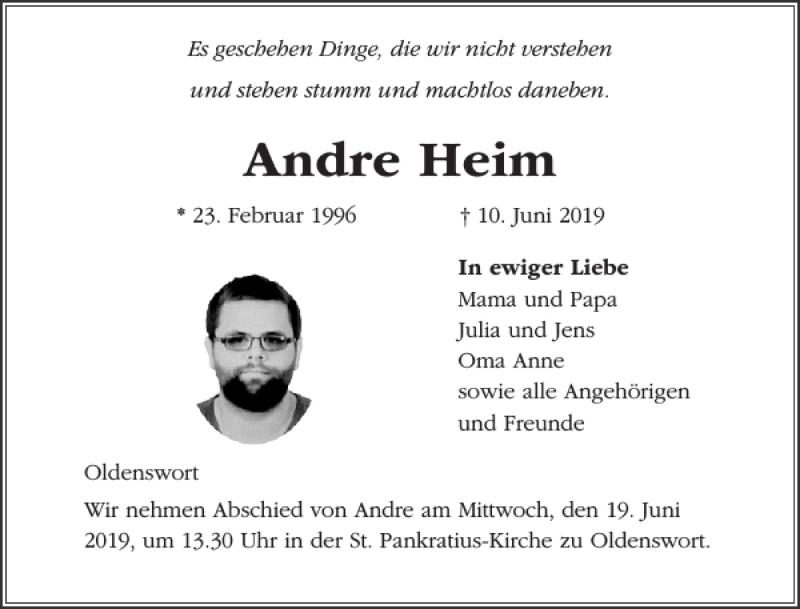  Traueranzeige für Andre  vom 15.06.2019 aus Husumer Nachrichten