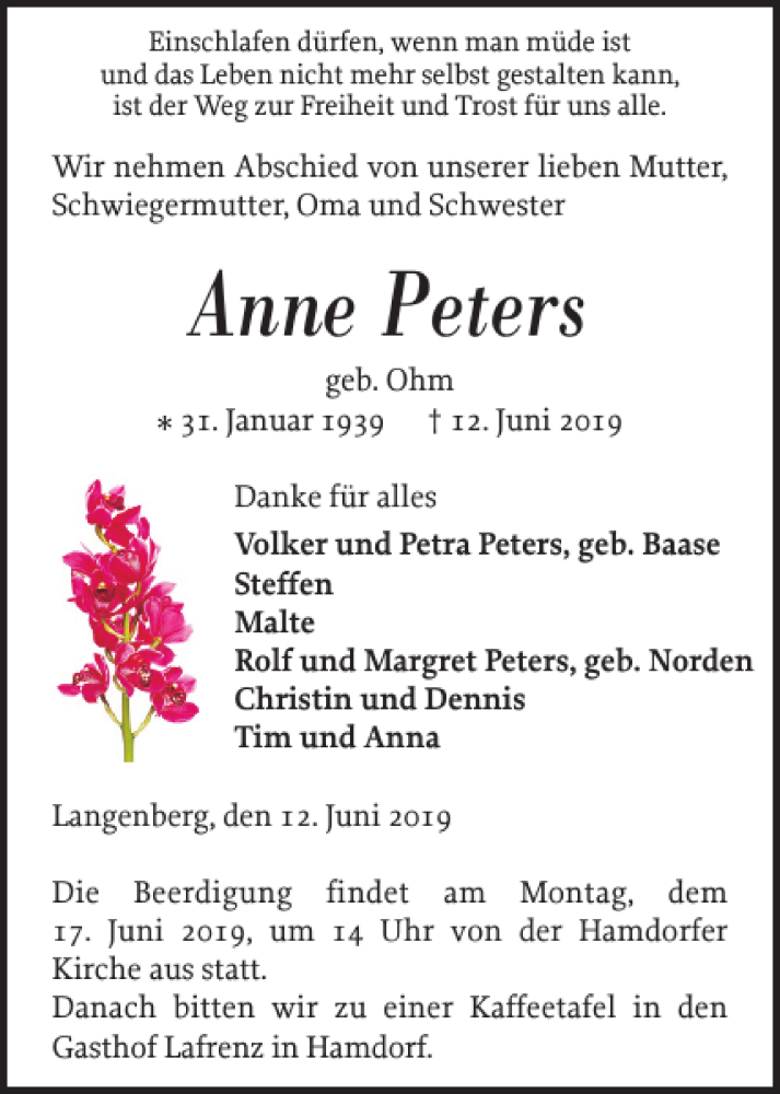  Traueranzeige für Anne Peters vom 14.06.2019 aus Landeszeitung