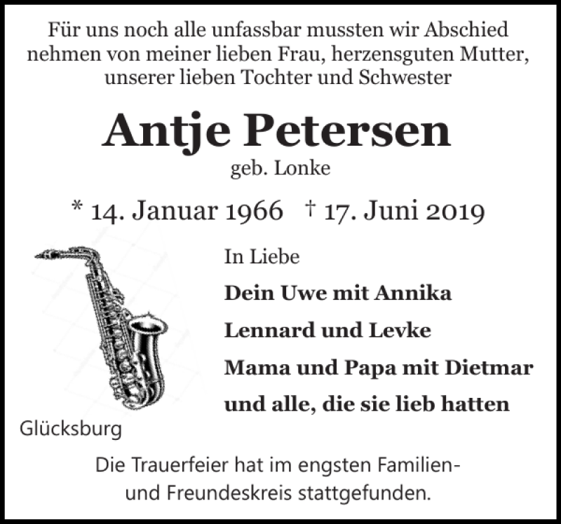  Traueranzeige für Antje Petersen vom 29.06.2019 aus Flensburger Tageblatt