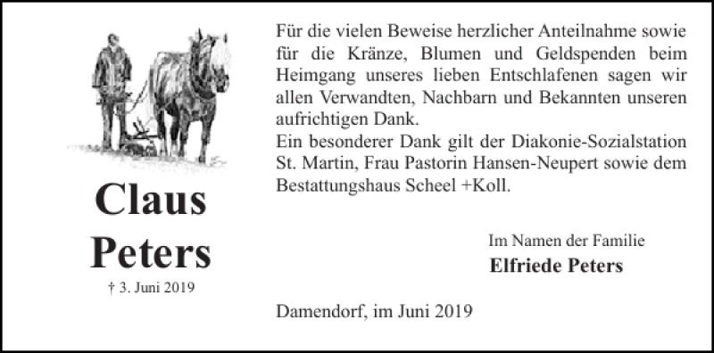  Traueranzeige für Claus Peters vom 29.06.2019 aus Eckernförder Zeitung
