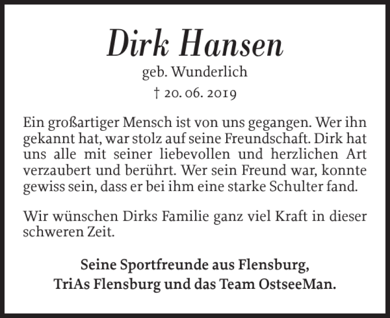  Traueranzeige für Dirk Hansen vom 26.06.2019 aus Flensburger Tageblatt