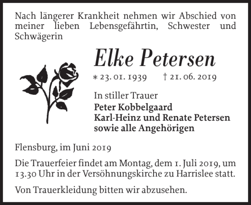  Traueranzeige für Elke Petersen vom 26.06.2019 aus Flensburger Tageblatt