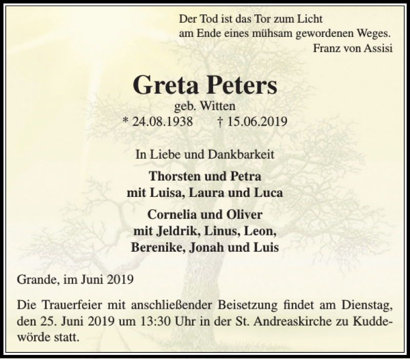  Traueranzeige für Greta Peters vom 22.06.2019 aus Stormarner Tageblatt