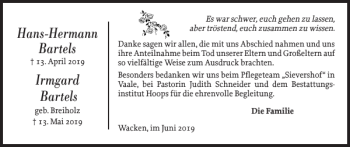 Traueranzeige von Hans-Hermann Bartels Irmgard Bartels von Norddeutsche Rundschau