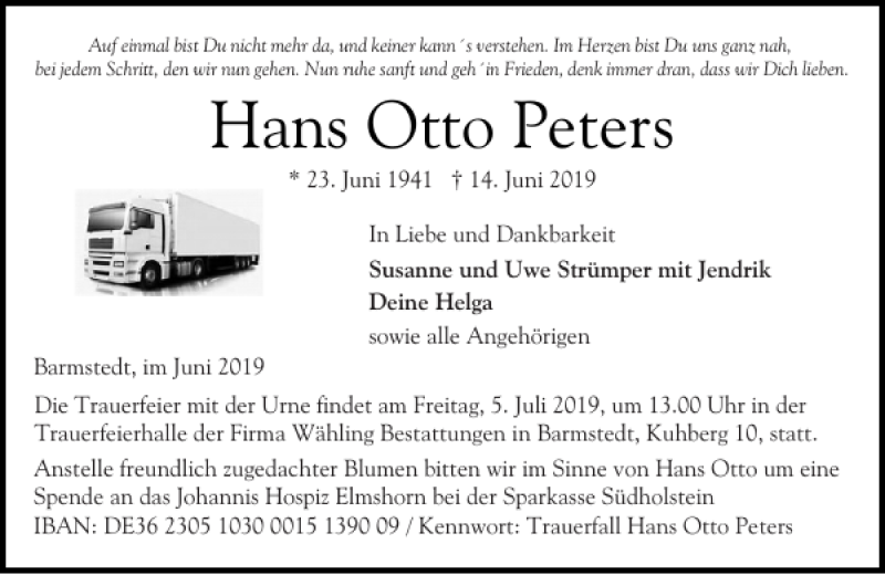  Traueranzeige für Hans Otto Peters vom 29.06.2019 aus Elmshorner Nachrichten
