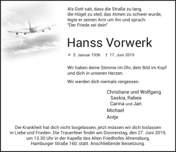 Traueranzeige von Hanss Vorwerk von Stormarner Tageblatt