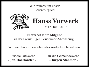 Traueranzeige von Hanss Vorwerk von Stormarner Tageblatt