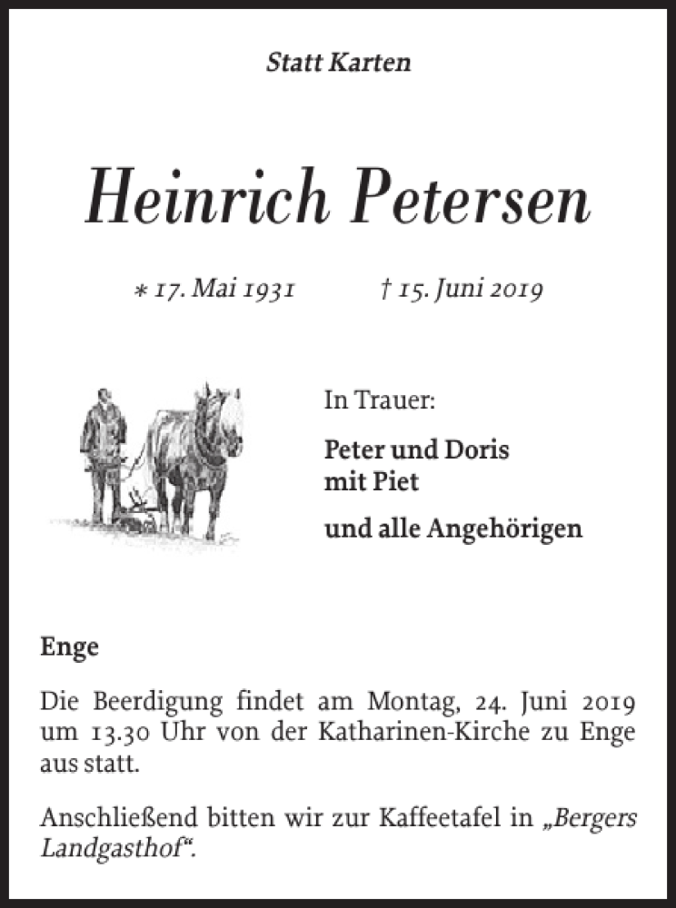  Traueranzeige für Heinrich Petersen vom 19.06.2019 aus Nordfriesland Tageblatt