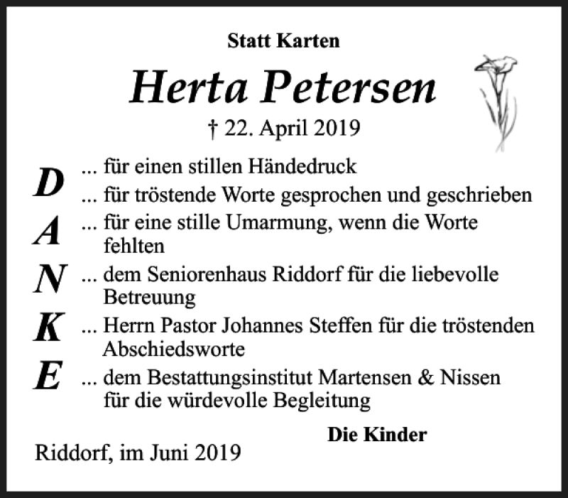  Traueranzeige für Herta Petersen vom 07.06.2019 aus Flensburger Tageblatt