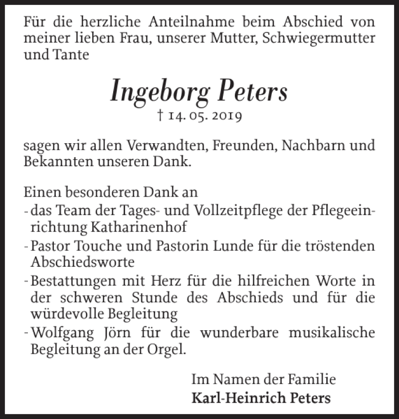  Traueranzeige für Ingeborg Peters vom 08.06.2019 aus Flensburger Tageblatt