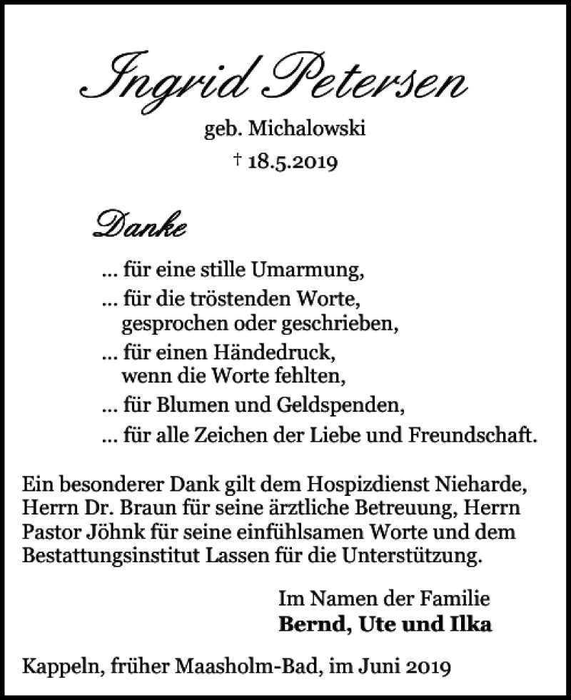  Traueranzeige für Ingrid Petersen vom 08.06.2019 aus Schlei-Bote