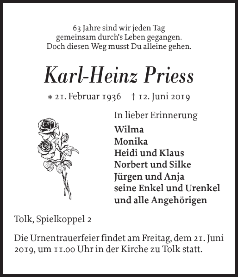  Traueranzeige für Karl-Heinz Priess vom 19.06.2019 aus Schleswiger Nachrichten