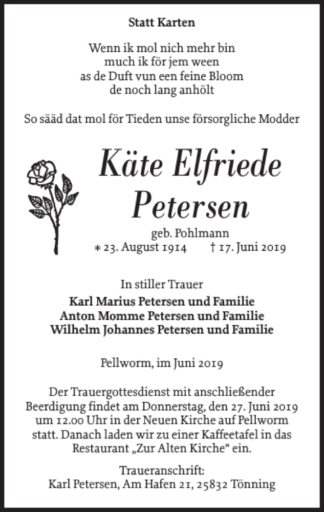  Traueranzeige für Käte Elfriede Petersen vom 22.06.2019 aus Husumer Nachrichten