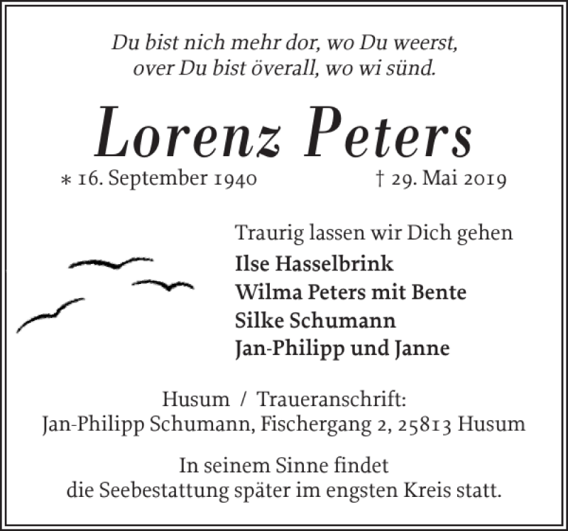  Traueranzeige für Lorenz Peters vom 01.06.2019 aus Husumer Nachrichten