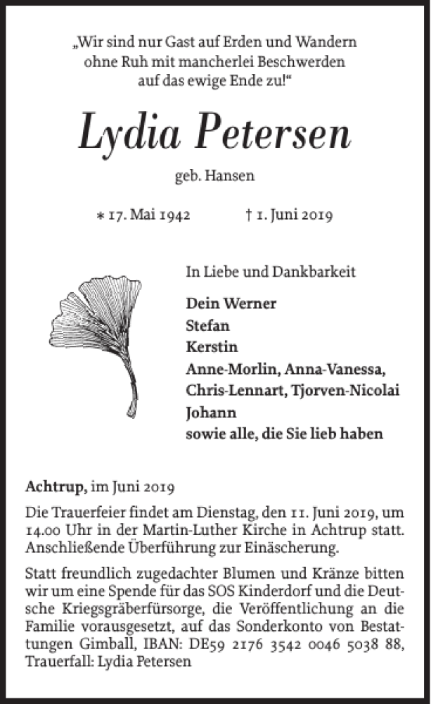  Traueranzeige für Lydia Petersen vom 05.06.2019 aus Nordfriesland Tageblatt
