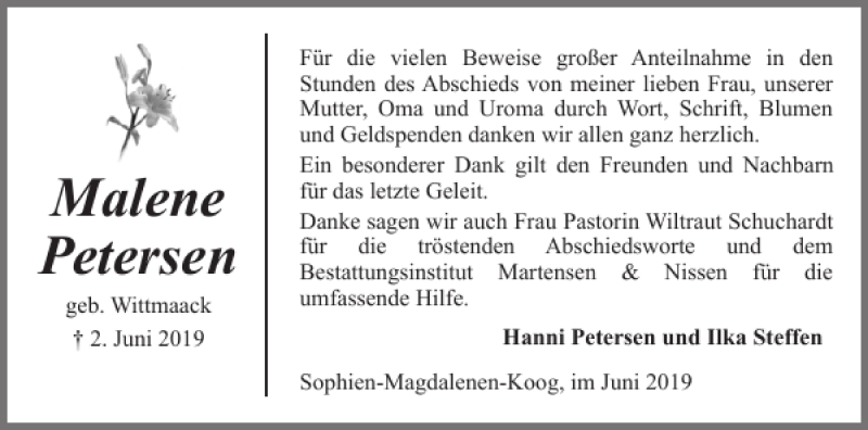  Traueranzeige für Malene Petersen vom 25.06.2019 aus Husumer Nachrichten