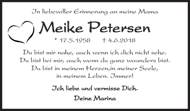  Traueranzeige für Meike Petersen vom 04.06.2019 aus Schleswiger Nachrichten