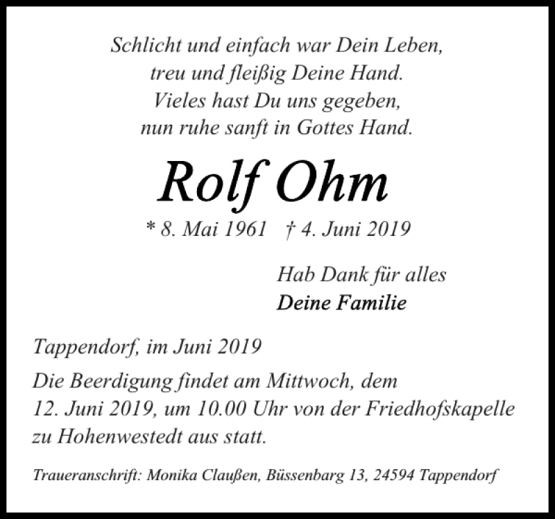  Traueranzeige für Rolf Ohm vom 08.06.2019 aus Landeszeitung