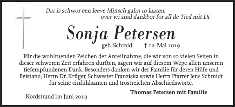  Traueranzeige für Sonja Petersen vom 29.06.2019 aus Husumer Nachrichten