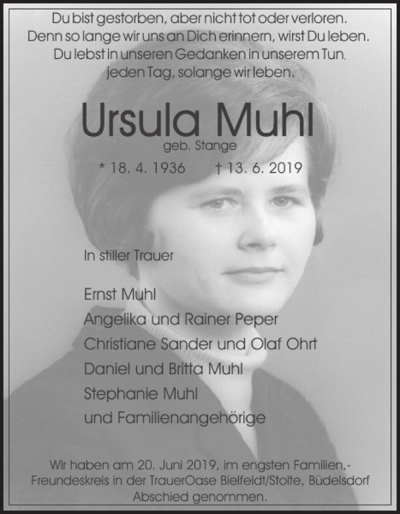  Traueranzeige für Ursula Muhl vom 22.06.2019 aus Landeszeitung
