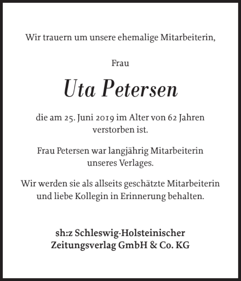  Traueranzeige für Uta Petersen vom 29.06.2019 aus Landeszeitung