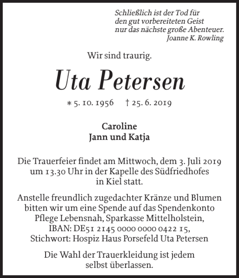  Traueranzeige für Uta Petersen vom 29.06.2019 aus Landeszeitung