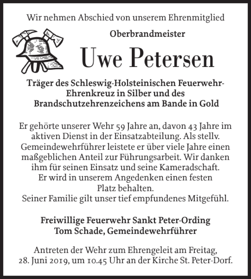  Traueranzeige für Uwe Petersen vom 24.06.2019 aus Husumer Nachrichten