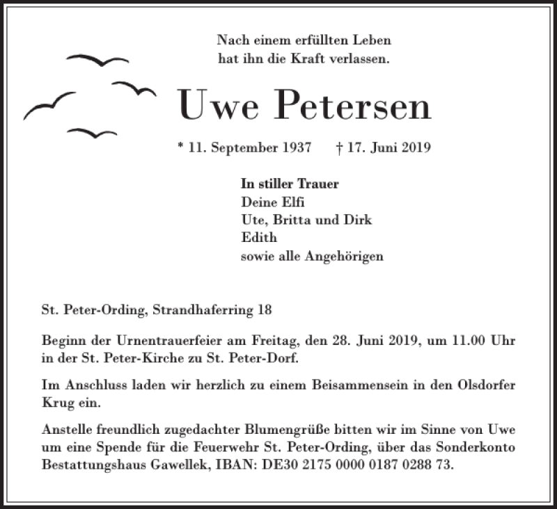  Traueranzeige für Uwe Petersen vom 22.06.2019 aus Husumer Nachrichten