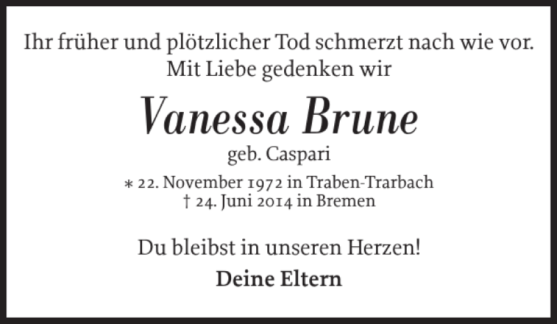  Traueranzeige für Vanessa Brune vom 24.06.2019 aus Flensburger Tageblatt