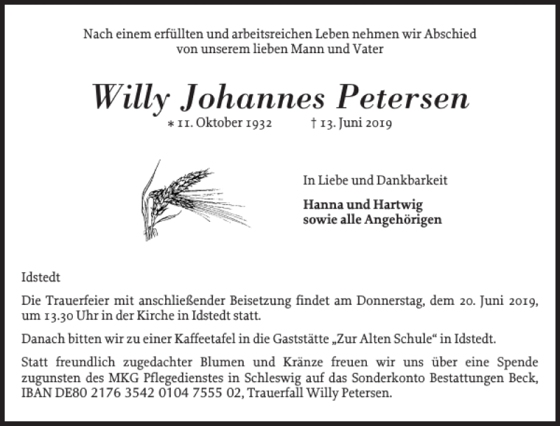  Traueranzeige für Willy Johannes Petersen vom 17.06.2019 aus Schleswiger Nachrichten