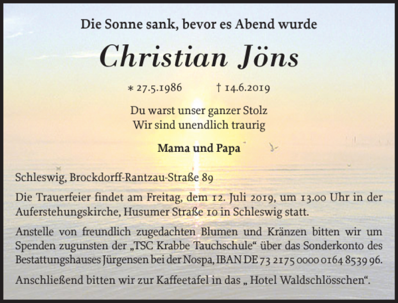  Traueranzeige für Christian Jöns vom 06.07.2019 aus Schleswiger Nachrichten