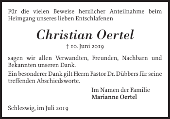 Traueranzeige von Christian Oertel von Schleswiger Nachrichten