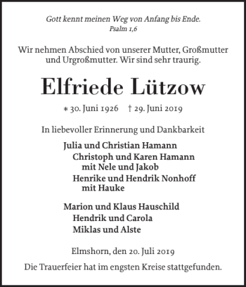 Traueranzeige von Elfriede Lützow von Elmshorner Nachrichten