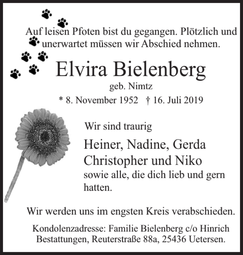  Traueranzeige für Elvira Bielenberg vom 27.07.2019 aus Uetersener Nachrichten