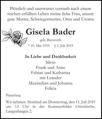Traueranzeige von Gisela Bader von Pinneberger Tageblatt