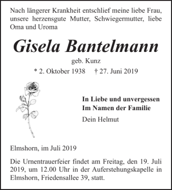 Traueranzeige von Gisela Bantelmann von Elmshorner Nachrichten