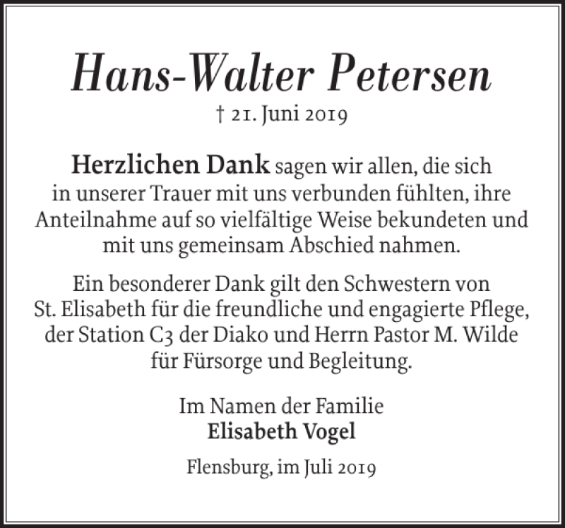  Traueranzeige für Hans-Walter Petersen vom 27.07.2019 aus Flensburger Tageblatt
