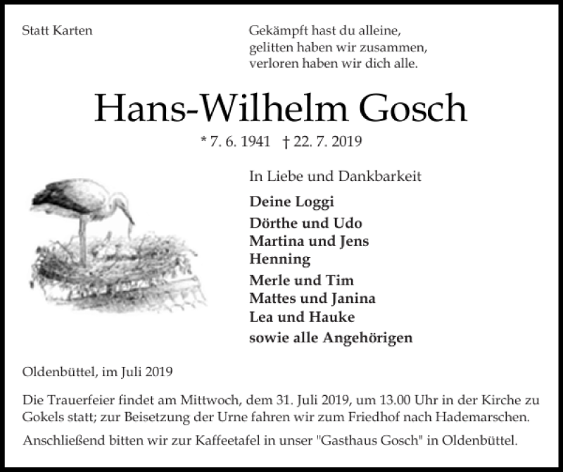  Traueranzeige für Hans-Wilhelm Gosch vom 27.07.2019 aus Landeszeitung