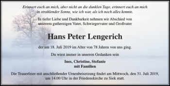 Traueranzeige von Hans Peter Lengerich von Stormarner Tageblatt