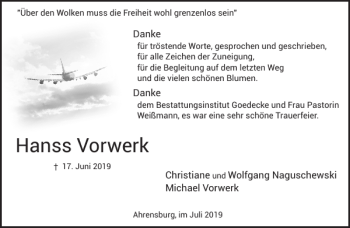 Traueranzeige von Hanss Vorwerk von Stormarner Tageblatt