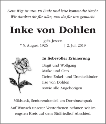 Traueranzeige von Inke von Dohlen von Husumer Nachrichten