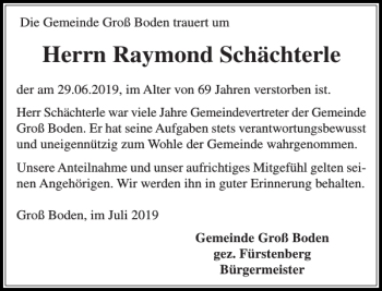 Traueranzeige von Raymond Schächterle von Stormarner Tageblatt