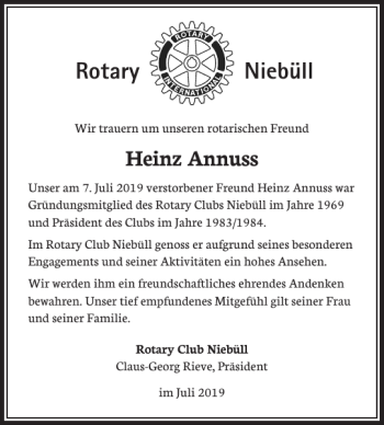 Traueranzeige von Rotary Niebüll Heinz Annuss von Nordfriesland Tageblatt