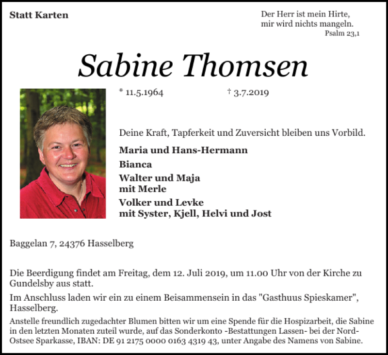  Traueranzeige für Sabine Thomsen vom 09.07.2019 aus Flensburger Tageblatt